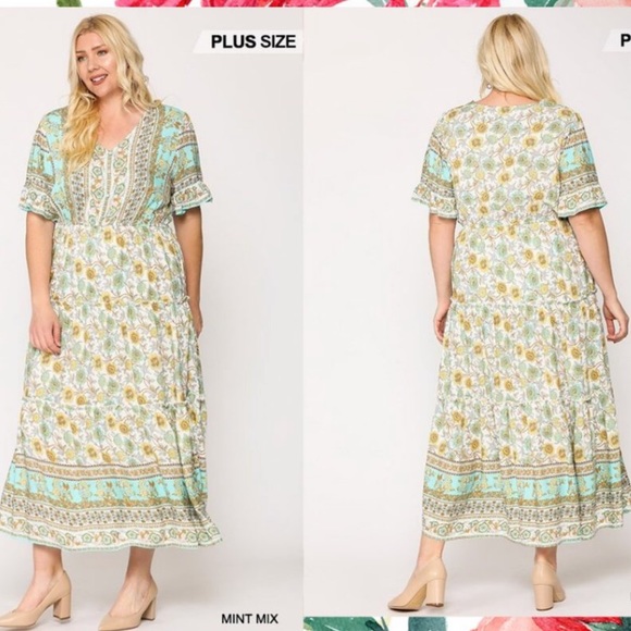 GiGio Boho Floral Print Ruffle Maxi Dress In Mint Mix. NWT! Sz M & L - Picture 2 of 13